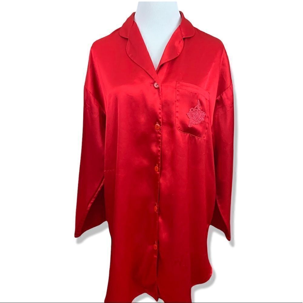 Vintage Victoria’s Secret heart label red satin button down sleep shirt